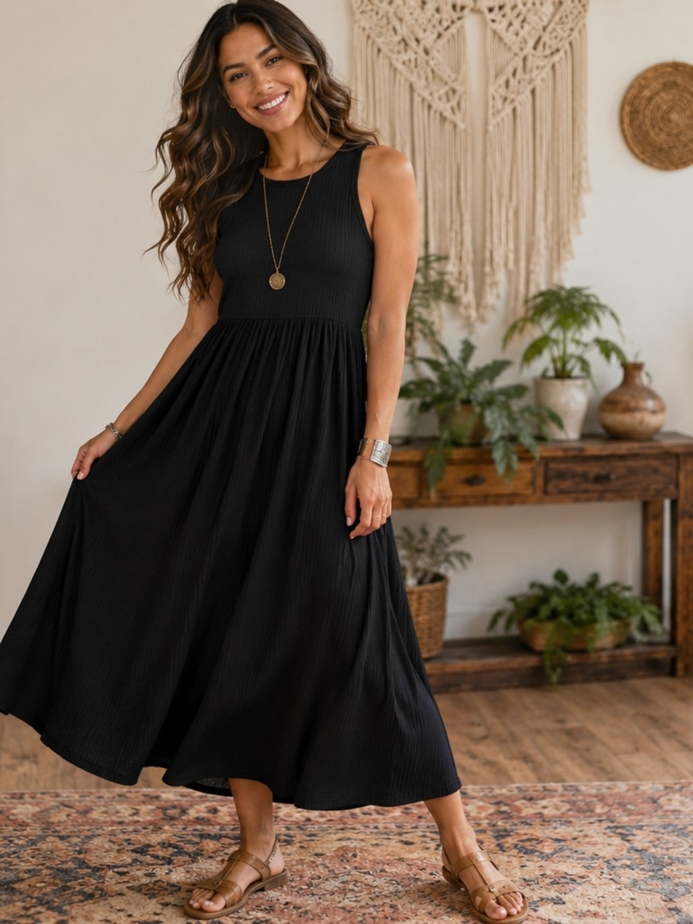Classic Black Sleeveless Midi Dress - Elegant Everyday Style
